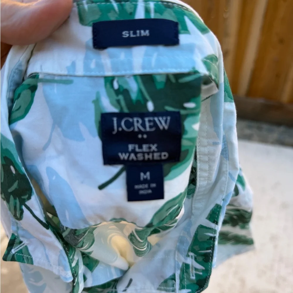 J. Crew White Short-Sleeve Button-Down with Green Leaf Print